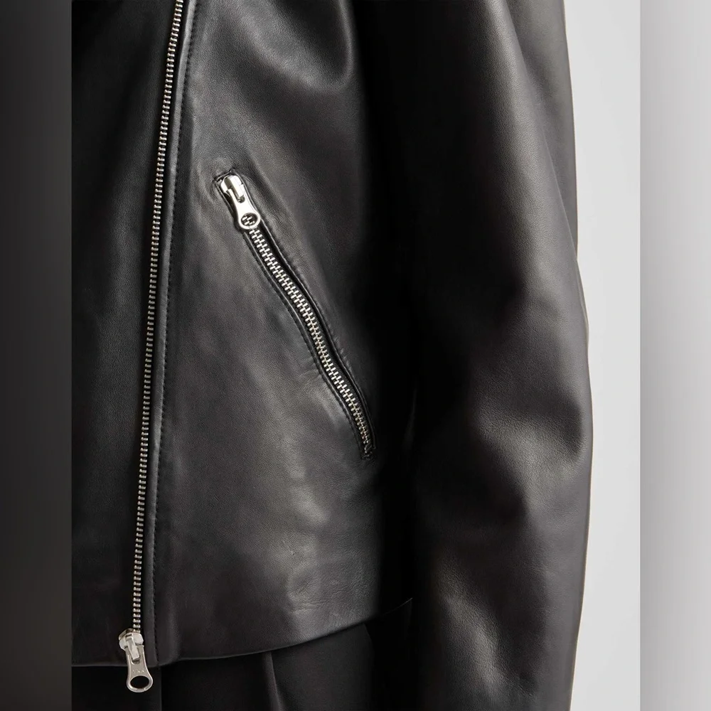 QUINCE 100% Washed Genuine Leather Biker Jacket XS Black Sheepskin - Picture 5 of 7